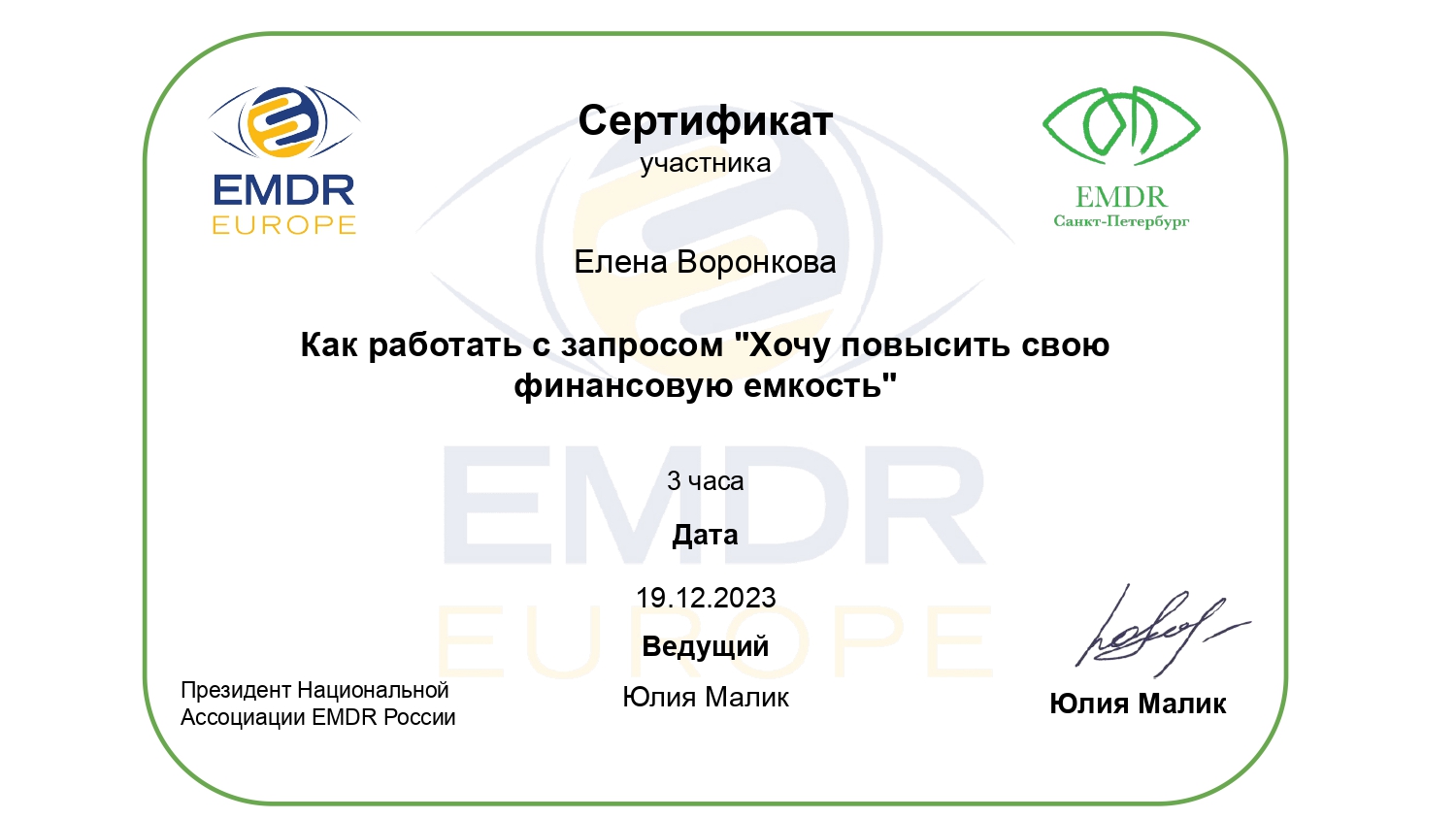 Как работать с запросом «Хочу повысить свою финансовую емкость» — 3 часа, Юлия Малик, 2023