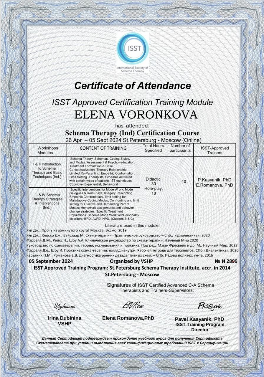 ISST Schema Therapy (Ind) Certification Course — 48 часов (Didactic 30 + Role-play 18), P. Kasyanik, PhD; E. Romanova, PhD, 2024